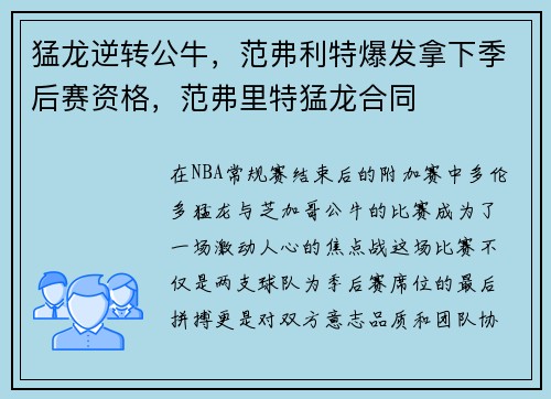 猛龙逆转公牛，范弗利特爆发拿下季后赛资格，范弗里特猛龙合同