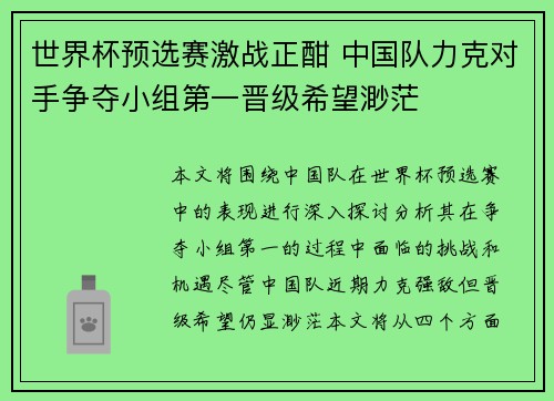 世界杯预选赛激战正酣 中国队力克对手争夺小组第一晋级希望渺茫