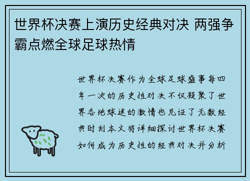世界杯决赛上演历史经典对决 两强争霸点燃全球足球热情