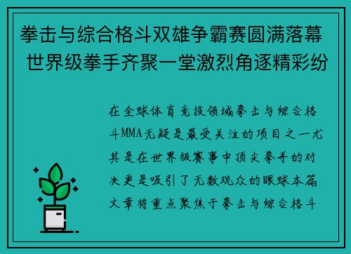 拳击与综合格斗双雄争霸赛圆满落幕 世界级拳手齐聚一堂激烈角逐精彩纷呈